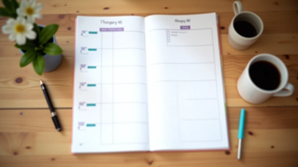 Planificateur quotidien avec blocs de temps, tasse de café et stylo sur table en bois clair