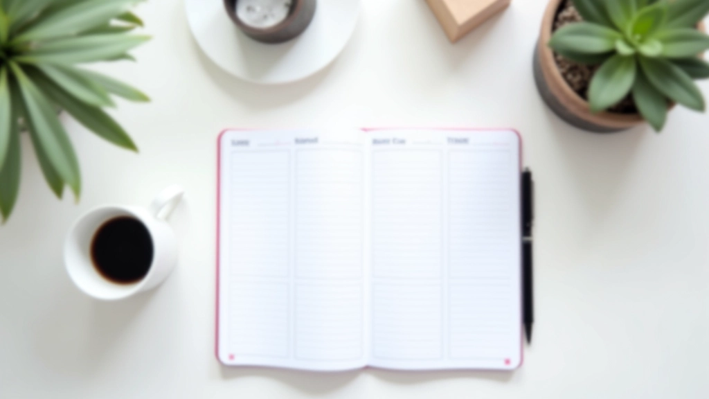 Planificateur quotidien avec blocs de temps marqués, tasse de café et stylo sur une table claire