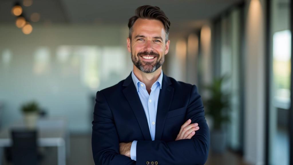 Homme en costume professionnel avec les bras croisés, expression déterminée, environnement de bureau moderne