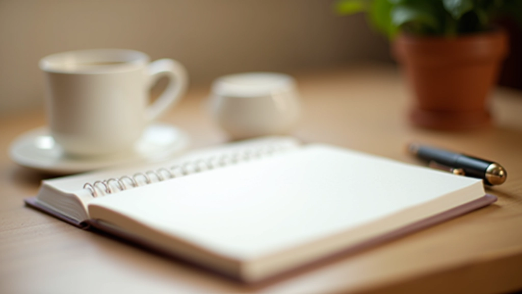 Mains tenant un carnet ouvert avec des notes écrites, stylo à proximité, table en bois naturel avec une tasse de café, lumière naturelle douce