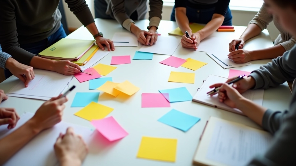 Table d'atelier avec notes colorées, carnet, stylos et mains collaborant
