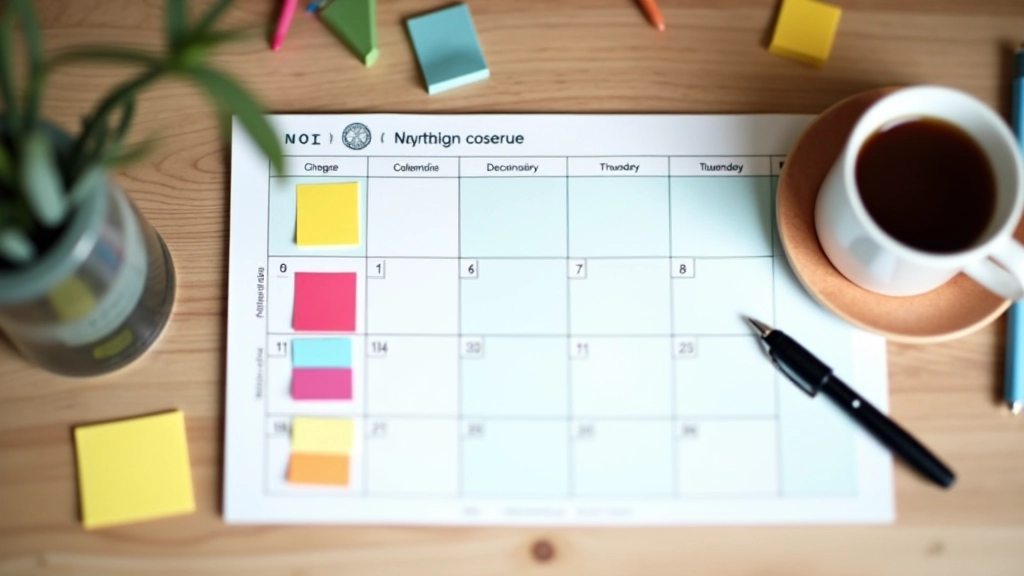 Vue de dessus d'un calendrier avec des blocs de temps colorés et des notes d'organisation, stylo et café chaud à proximité