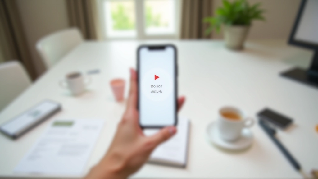 Téléphone avec notifications désactivées, écran affichant un mode «Ne pas déranger» actif, environnement de travail minimaliste