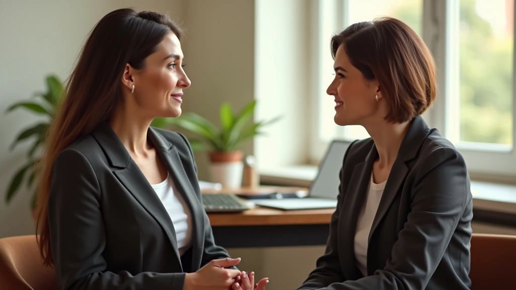 Deux femmes en conversation, l'une écoutant calmement avec expression bienveillante, environnement calme et lumineux