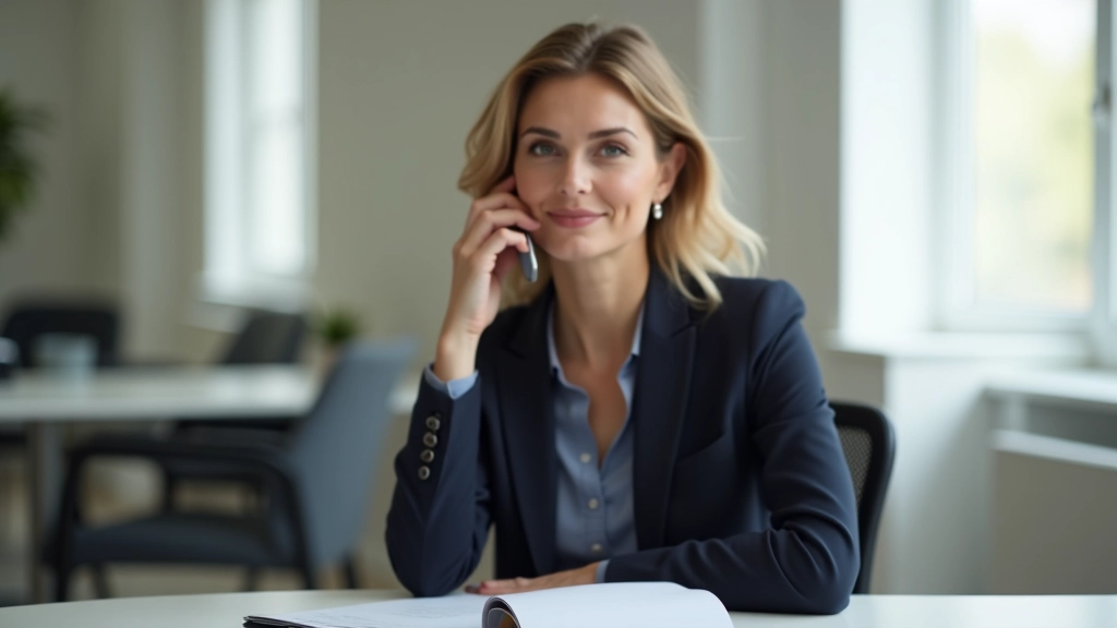 Femme au téléphone, expression confiante, assise à son bureau avec carnet et stylo, environnement professionnel lumineux
