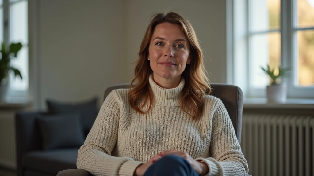 Femme assise dans un fauteuil confortable, les mains posées calmement, expression sereine et décidée, lumière naturelle douce