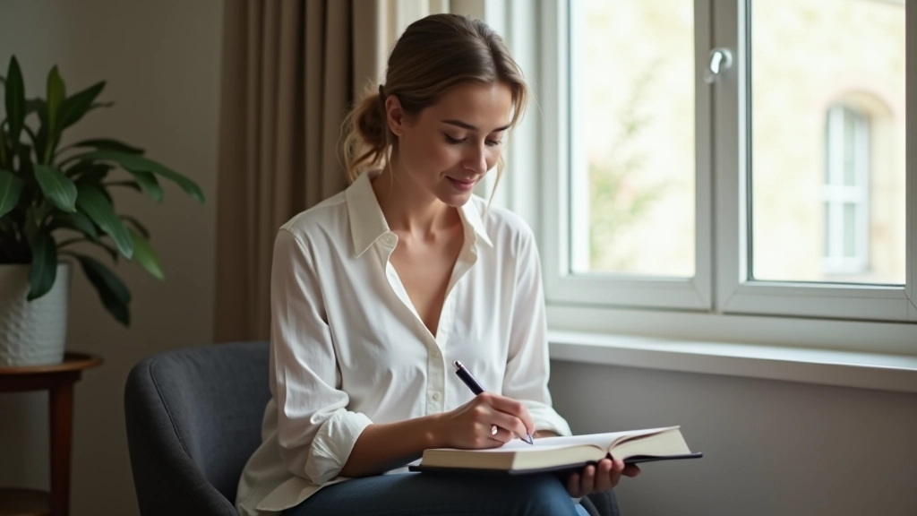 Femme seule dans un espace calme, assise près d'une fenêtre, écrivant dans un journal avec expression concentrée et paisible