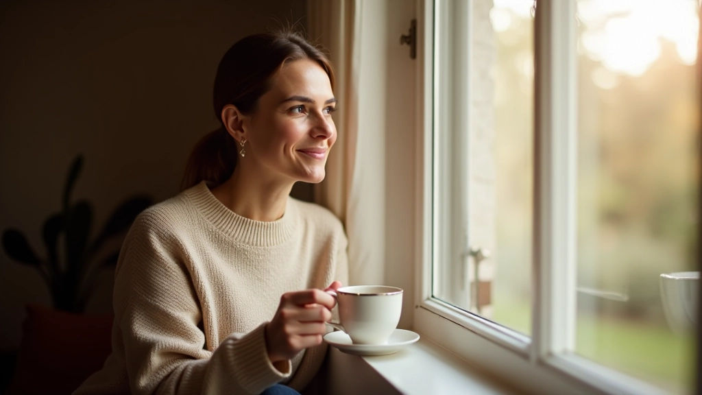 Femme assise paisiblement près d'une fenêtre avec une tasse de thé, moment de calme et de détente
