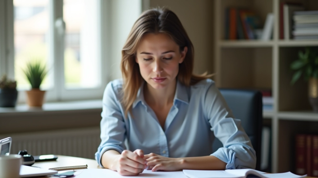 Femme assise à un bureau, regardant vers le bas avec un air préoccupé, pile de documents et d'objets désorganisés autour d'elle, éclairage de bureau naturel