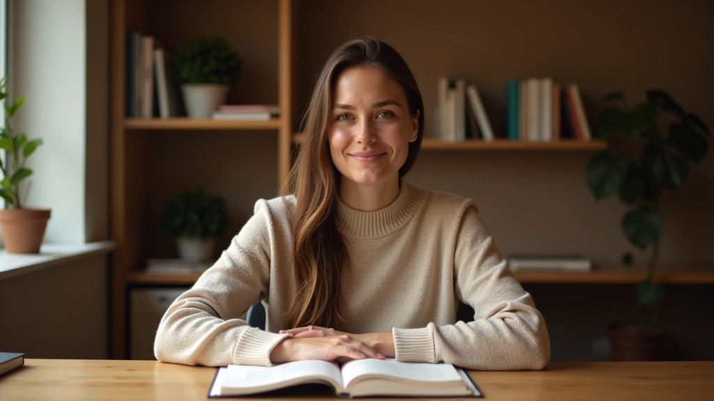 Femme tenant un journal avec des notes, assis à un bureau clair, lumière naturelle