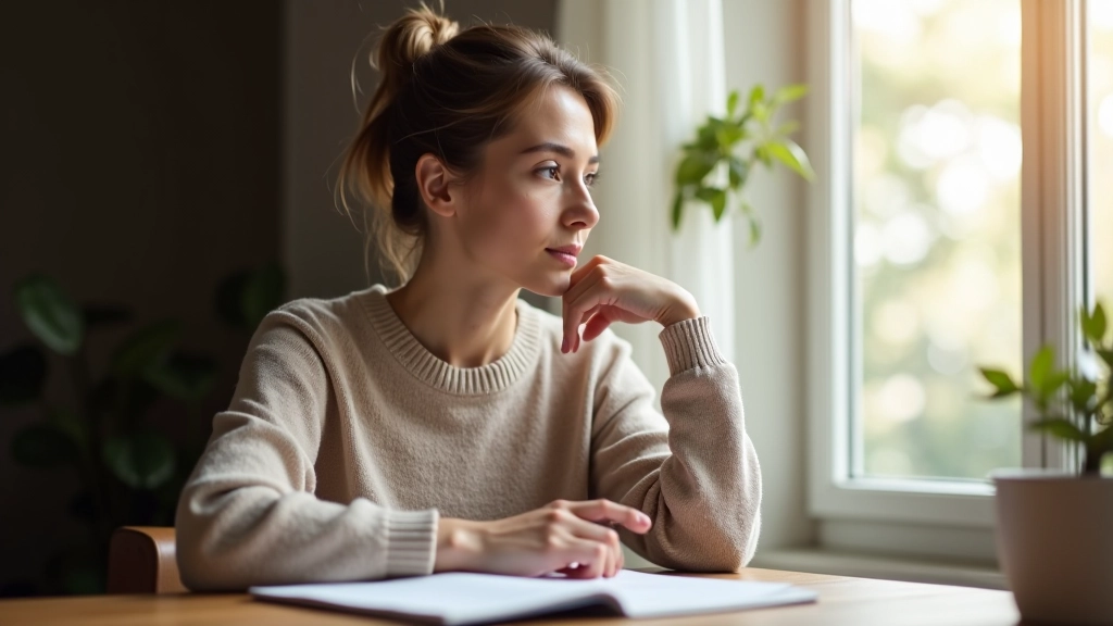 Personne assise à un bureau, le regard tourné vers l'extérieur, l'air pensif et en introspection, lumière douce