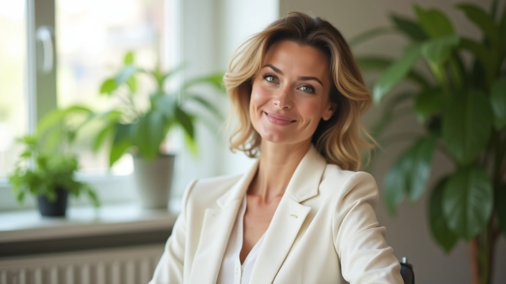Femme dans un bureau lumineux, posture confiante, environnement accueillant