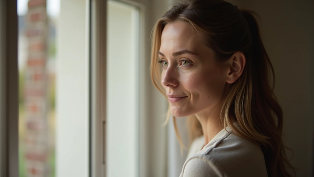 Femme adulte dans une pose réfléchie et sereine, symbolisant l'estime de soi retrouvée et l'indépendance personnelle