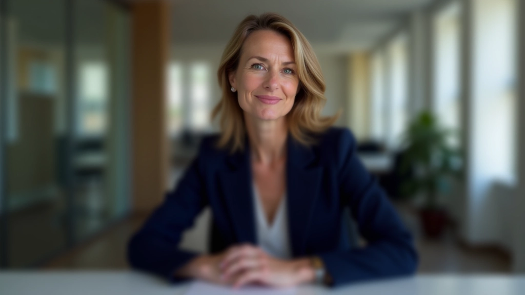 Femme en blazer professionnel assise à un bureau, expression déterminée, environnement de bureau moderne