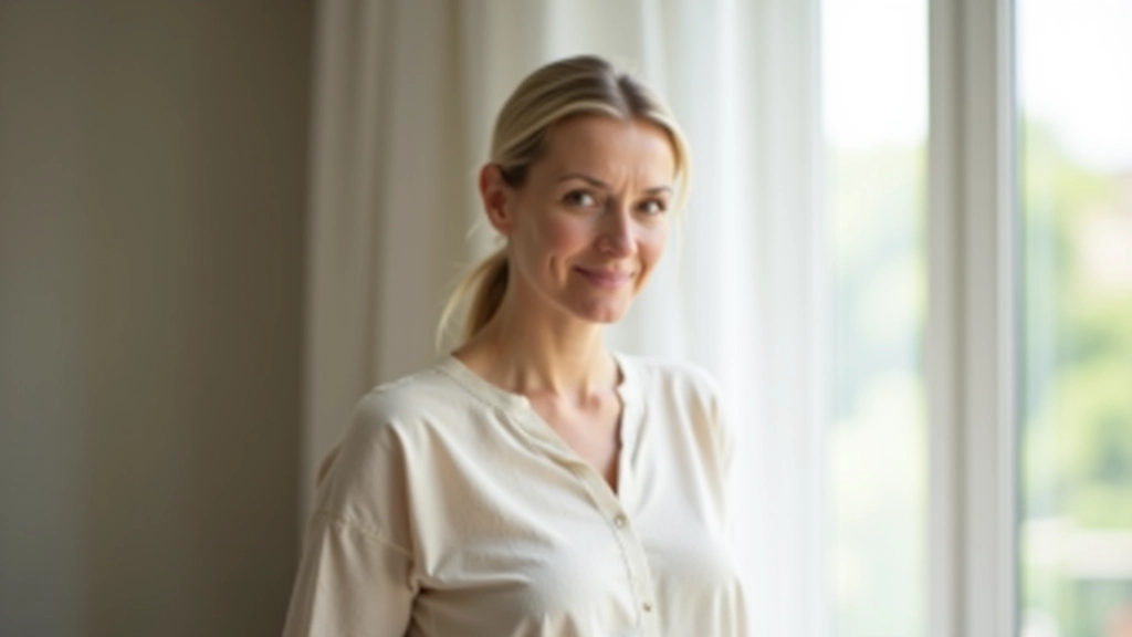 Femme se tenant debout près d'une fenêtre, les bras détendus, regard serein vers l'horizon, lumière douce et naturelle